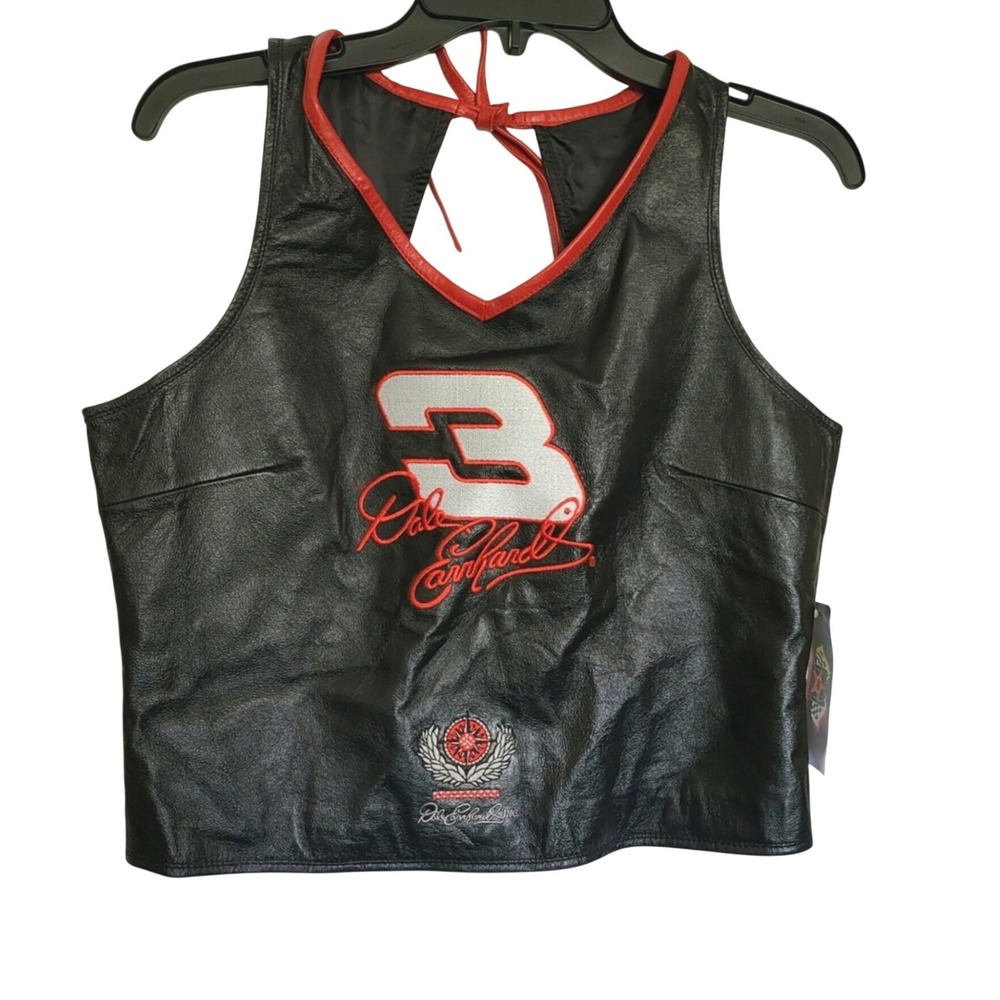 Women's NASCAR Dale Earnhardt Black 100% Leather Harley Style‎ Crop Vest XXL VTG